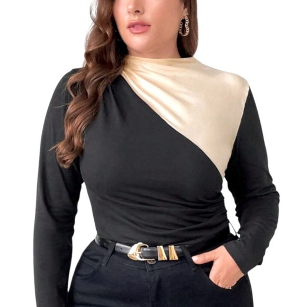 SHEIN ColorBlock Long Sleeve Shirt Ruching On One Side Black And Ivory Size XXL